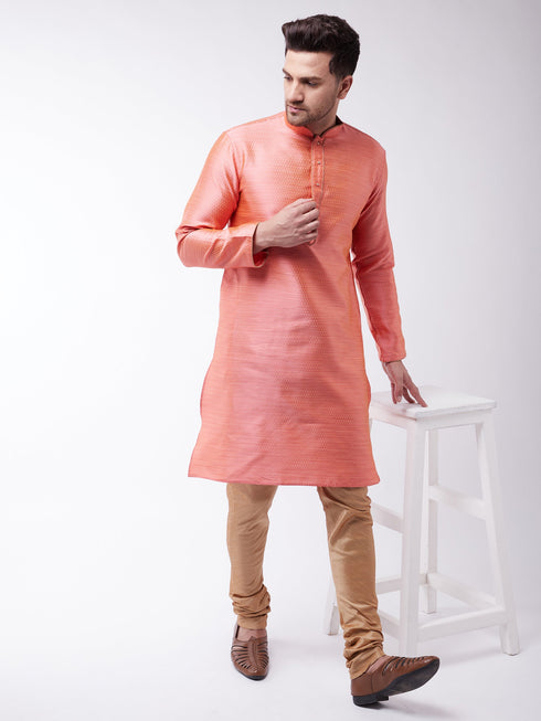Vastramay Men's Pink And Rose Gold Silk Blend Kurta With Churidar Set